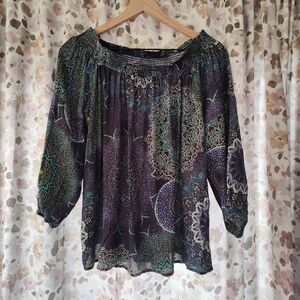 Desigual Navy Blue Off Shoulder Peasant Top Balloon 3/4 Sleeve XL Celestial Sky